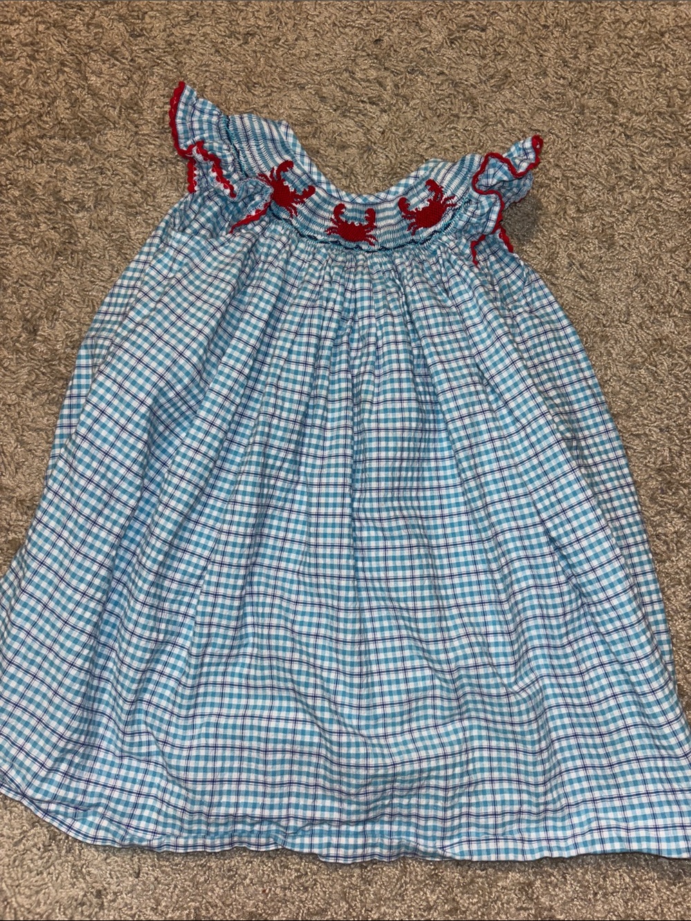 Girls Blue Plaid Smocked Dress with Red Crab Trim